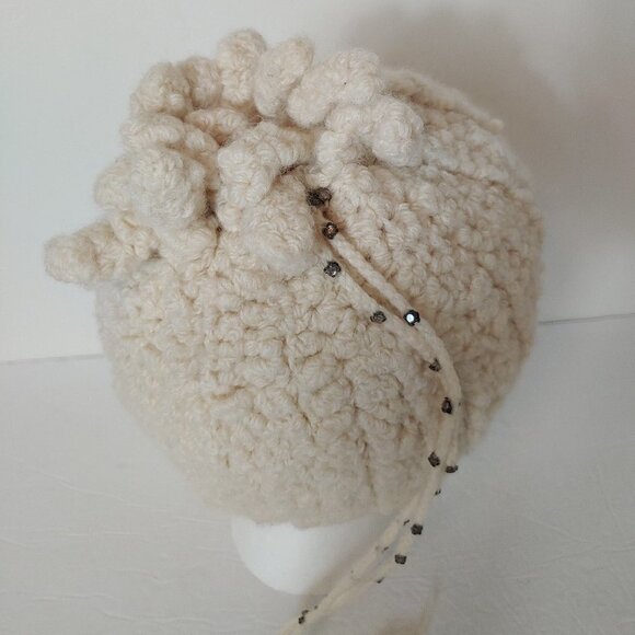 Vintage Hand Knit Hat Crochet Beaded Jeweled Pull String Tie Boho - Picture 5 of 9